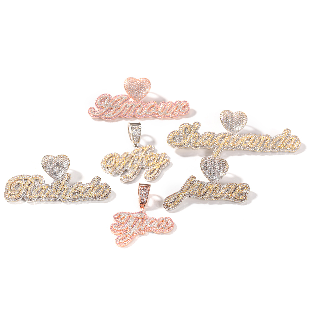 Lettre cursive personnalisée Uwin avec fermoir en forme de cœur, collier avec nom personnalisé, chaîne de tennis, zircone cubique, bijoux tendance, hiphop